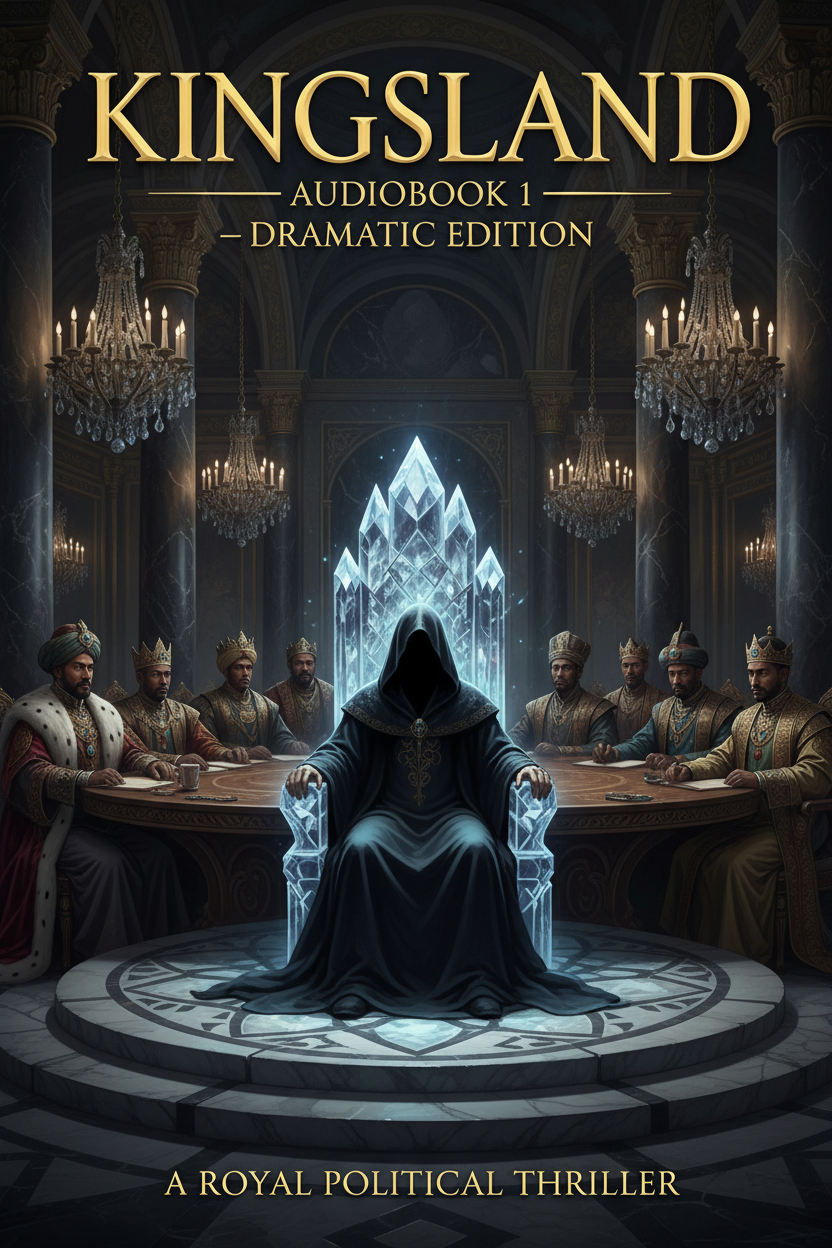 Diverse kings gathered around a diplomatic table gazing at a glowing crystal throne with a mysterious figure seated upon it