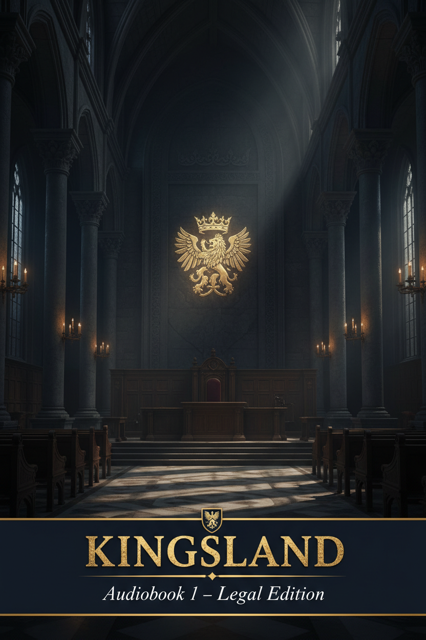 Gothic legal chamber with candlelight, royal crests, and deep navy and gold tones